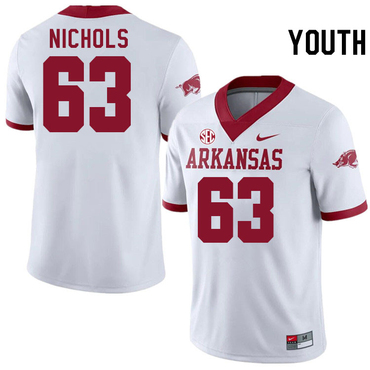 Youth #63 Addison Nichols Arkansas Razorbacks College Football Jerseys Stitched-Alternate White